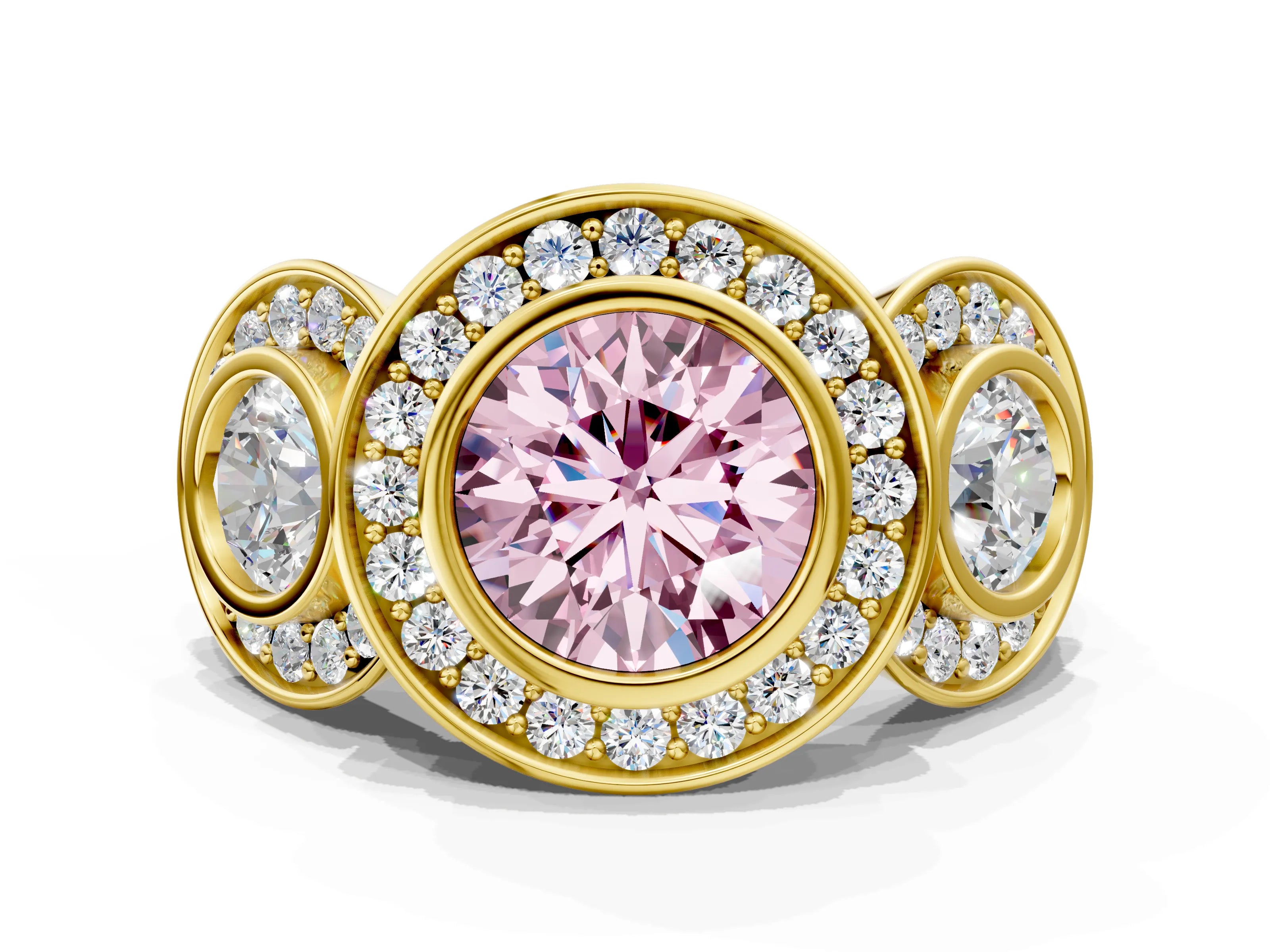 Yellow gold Three-Stone Fancy Pink Round Cut Halo Pavé Diamond Ring