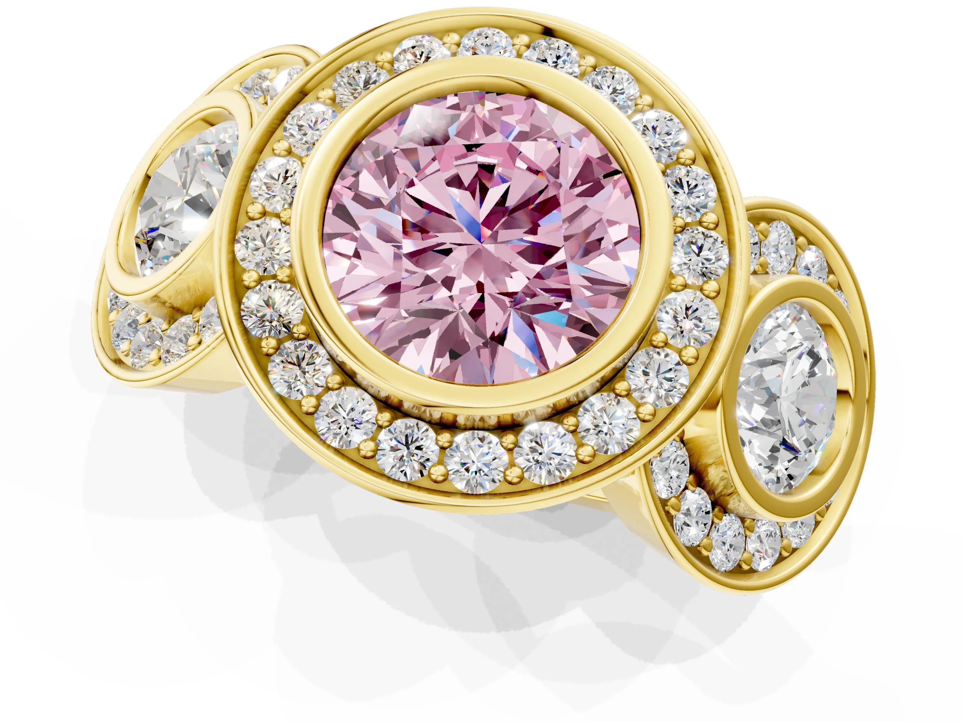 Yellow gold Three-Stone Fancy Pink Round Cut Halo Pavé Diamond Ring_1