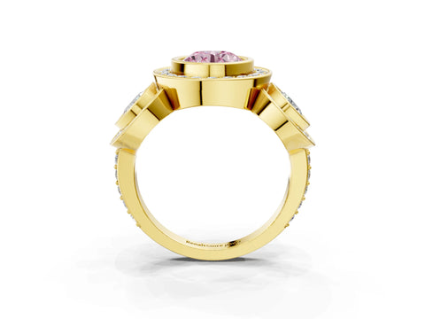 Yellow gold Three-Stone Fancy Pink Round Cut Halo Pavé Diamond Ring_3