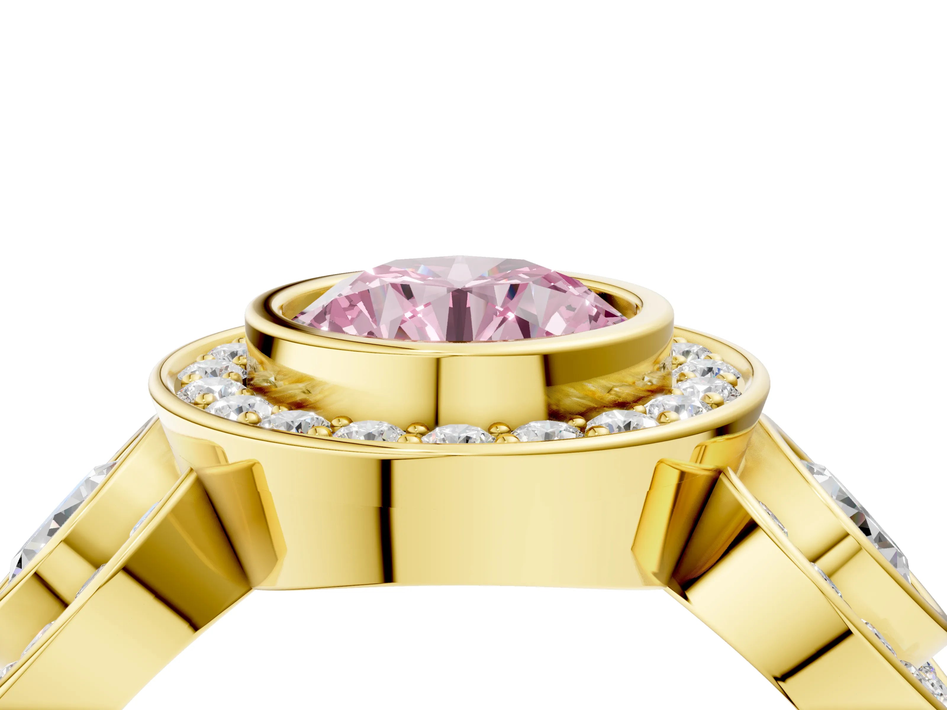 Yellow gold Three-Stone Fancy Pink Round Cut Halo Pavé Diamond Ring_4
