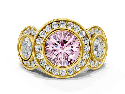 Yellow gold Three-Stone Fancy Pink Round Cut Halo Pavé Diamond Ring