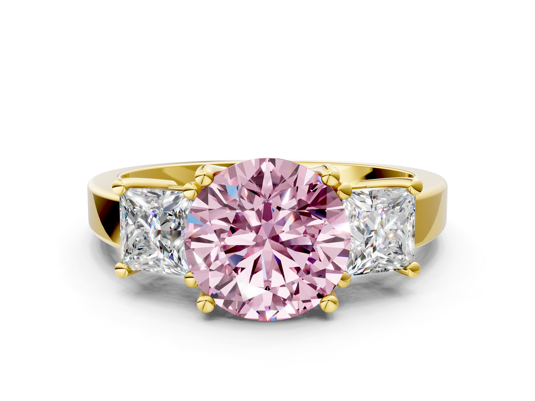 Yellow gold Three-Stone Fancy Pink Round  Cut Solitaire Ring with Prong Setting_3