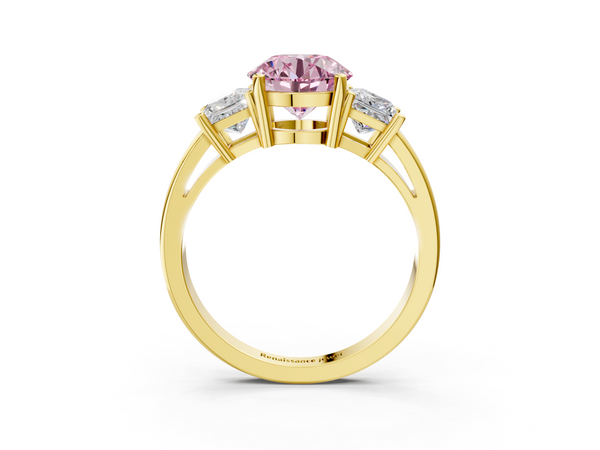 Yellow Gold Round Three Stone Engagement Ring Setting for Fancy Pink Center with Aligned Sides
