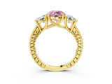 Yellow gold Three-Stone Fancy Pink Round  Diamond Milgrain Pave Band with Prong Setting 5