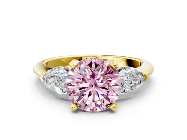 Yellow gold Three-Stone Fancy Pink Round Cut Diamond Ring with Pear Side Stones and Four-Prong Setting