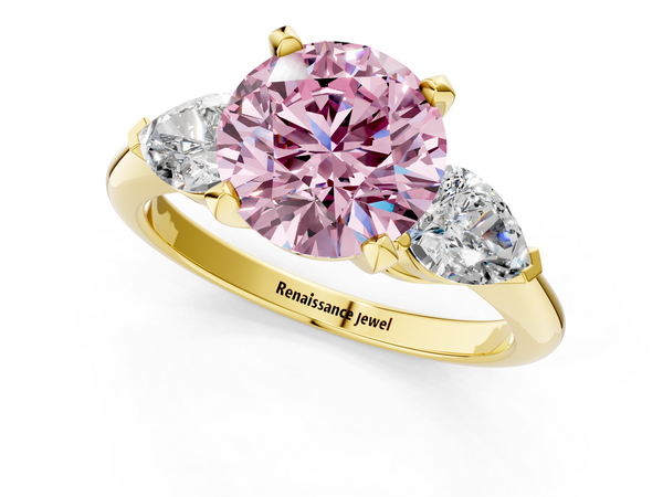 Yellow gold Three-Stone Fancy Pink Round Cut Diamond Ring with Pear Side Stones and Four-Prong Setting
