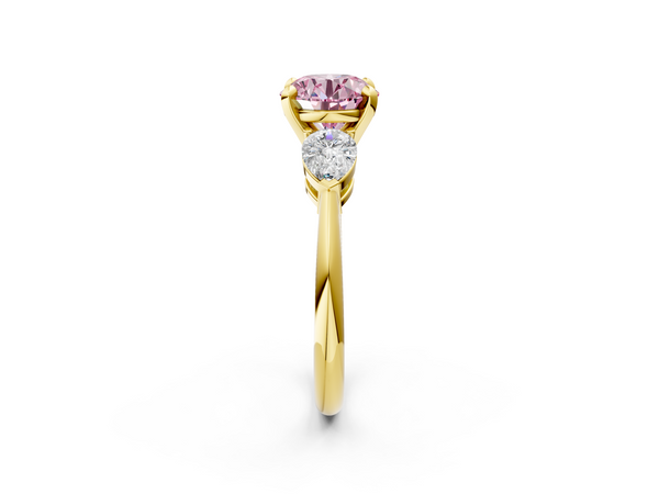 Yellow gold Three-Stone Fancy Pink Round Cut Diamond Ring with Pear Side Stones and Four-Prong Setting
