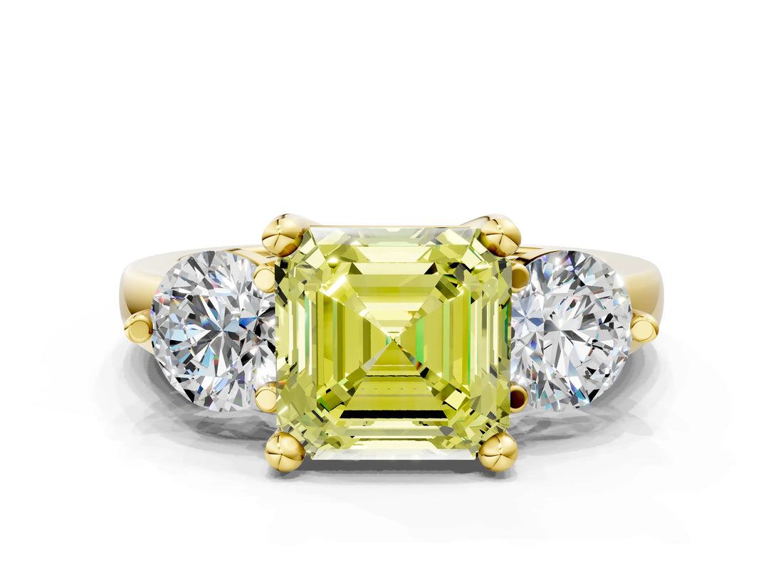 Yellow gold Three-Stone Fancy Yellow Asscher  Brilliant Cut Solitaire Ring with Prong Setting on a Classic Band 1