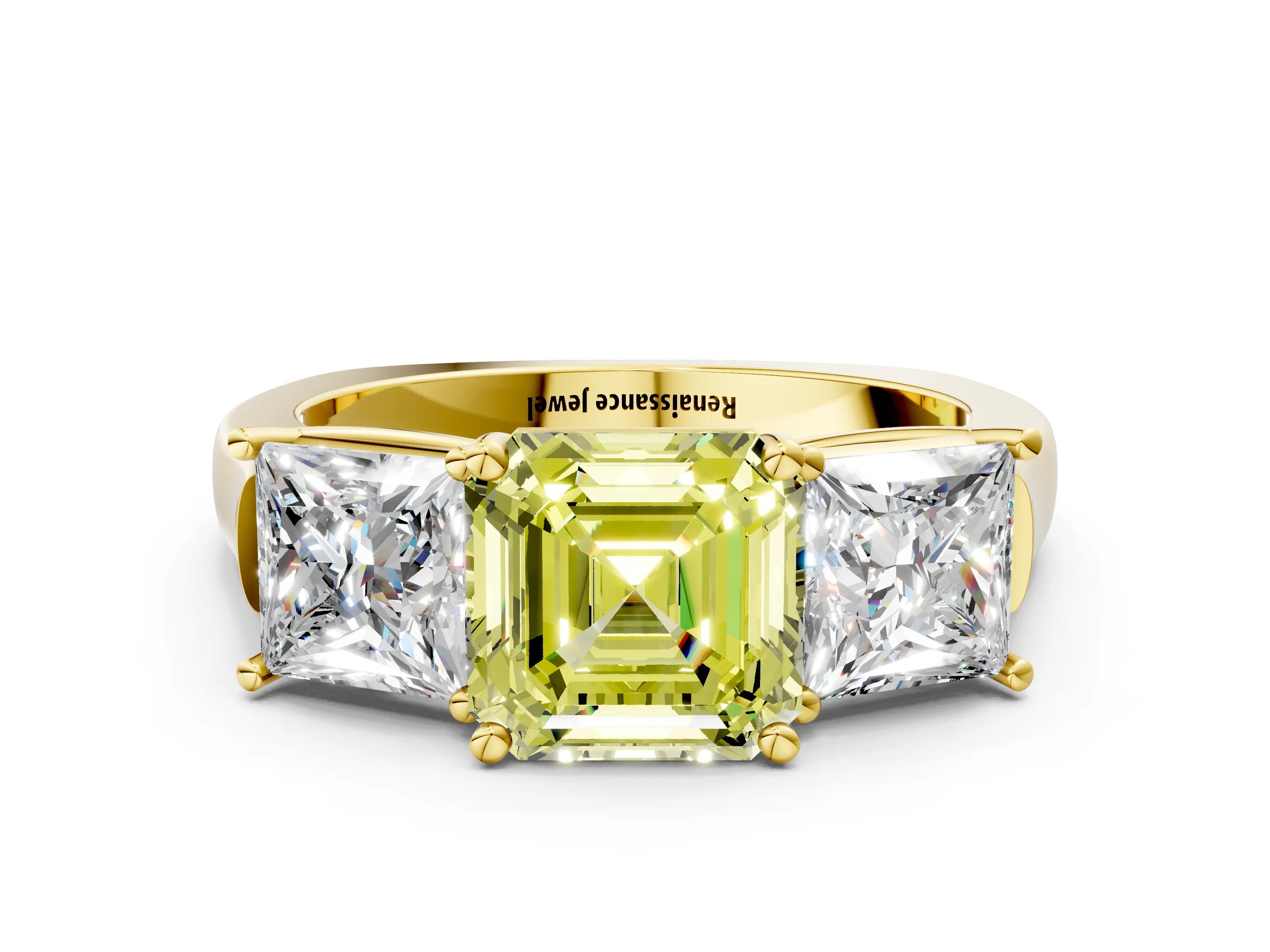 Yellow gold Three-Stone Fancy Yellow Asscher Cut Brilliant Diamond Trellis Ring with Comfort Fit Band