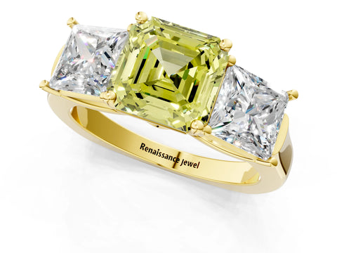 Yellow gold Three-Stone Fancy Yellow Asscher Cut Brilliant Diamond Trellis Ring with Comfort Fit Band_1
