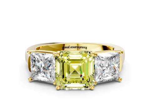 Yellow gold Three-Stone Fancy Yellow Asscher Cut Brilliant Diamond Trellis Ring with Comfort Fit Band