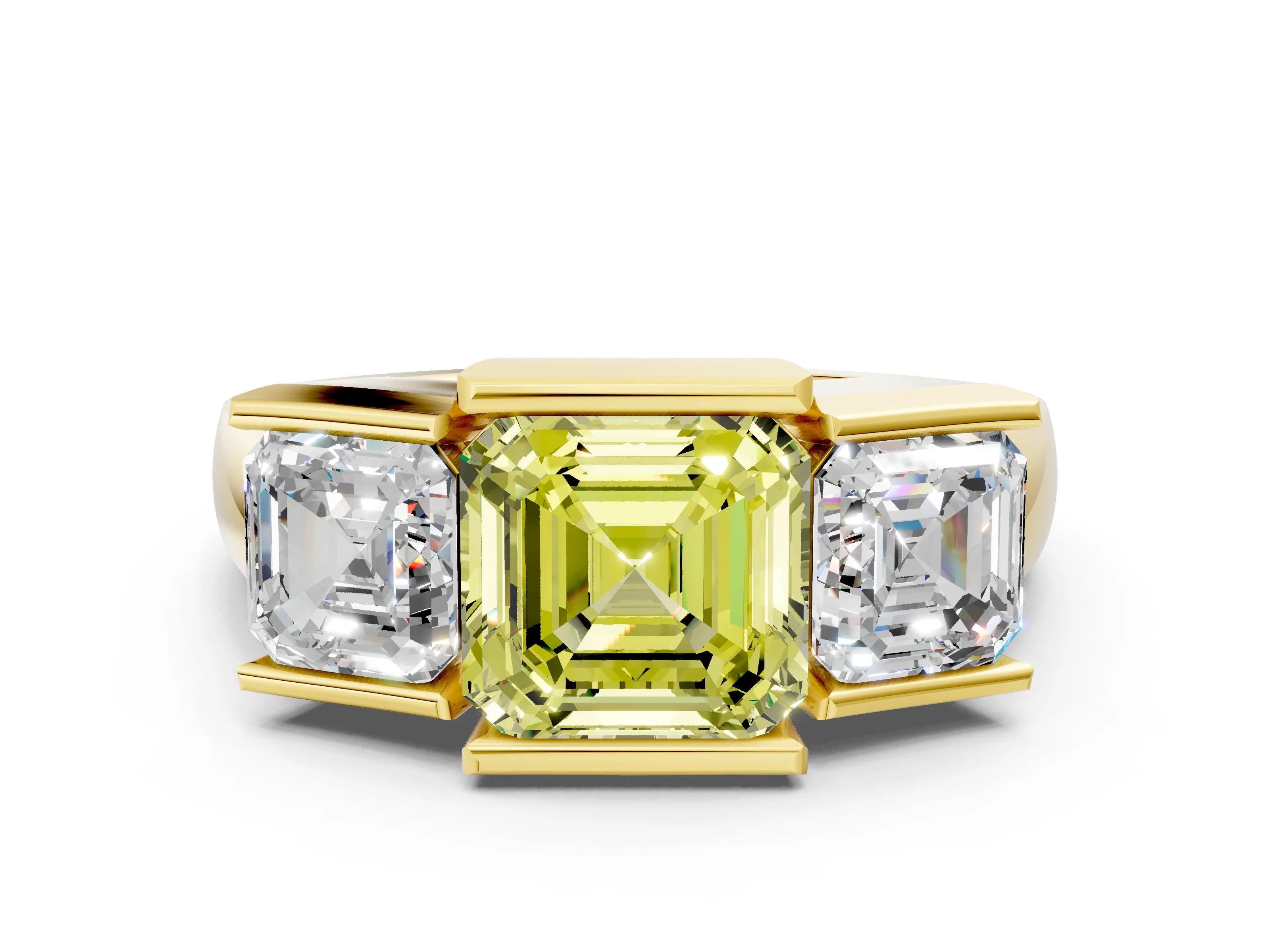 Yellow gold Three Stone Fancy Yellow Asscher Cut Cut Channel Set Diamond Ring