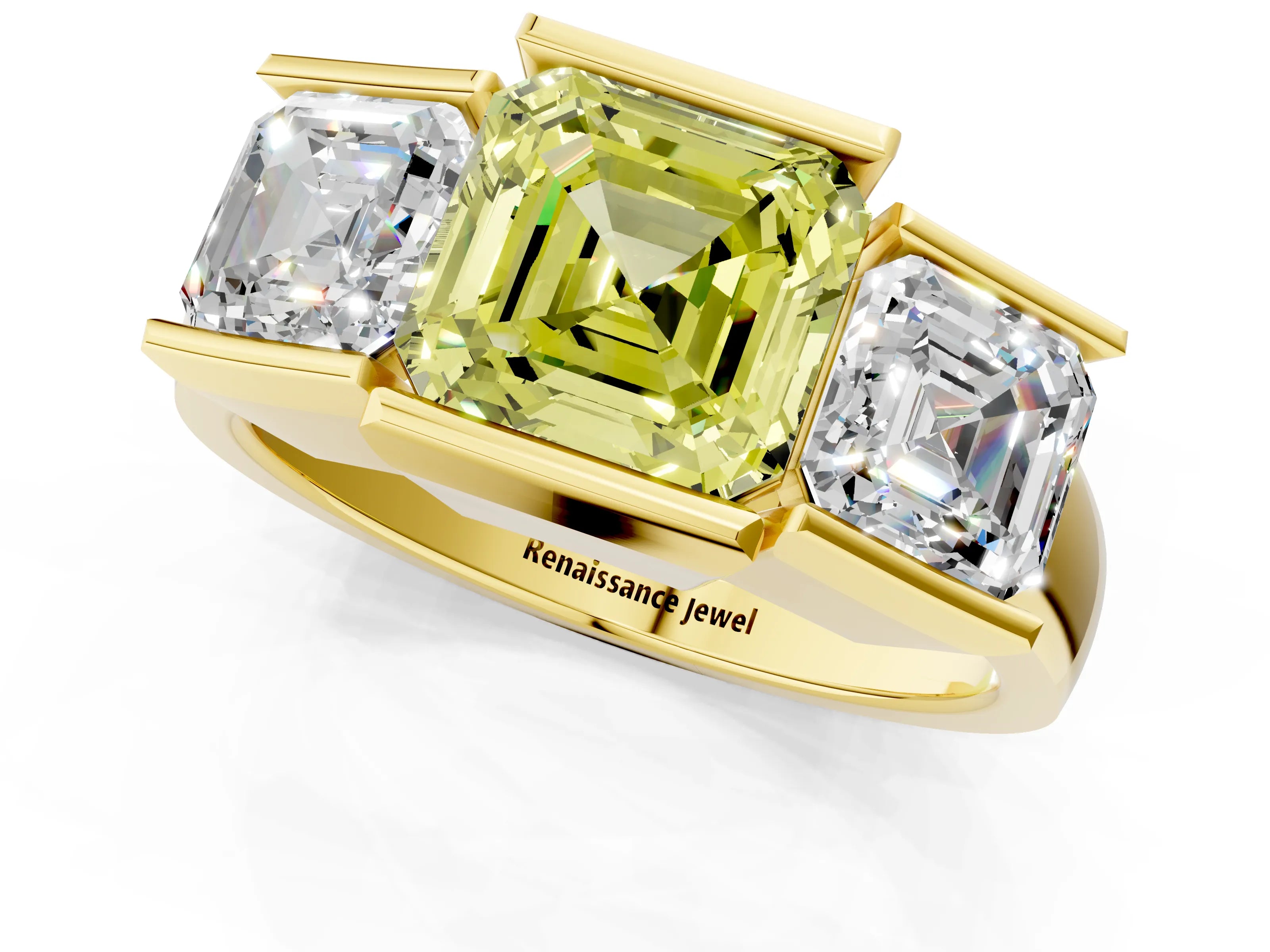 Yellow gold Three Stone Fancy Yellow Asscher Cut Cut Channel Set Diamond Ring_1