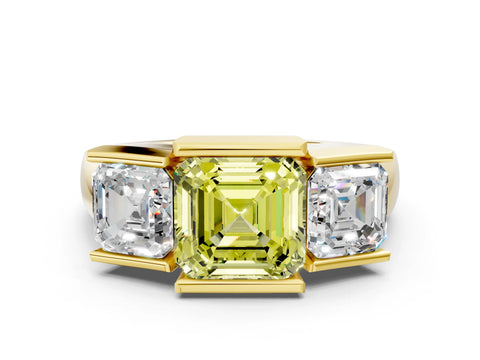 Yellow gold Three Stone Fancy Yellow Asscher Cut Cut Channel Set Diamond Ring