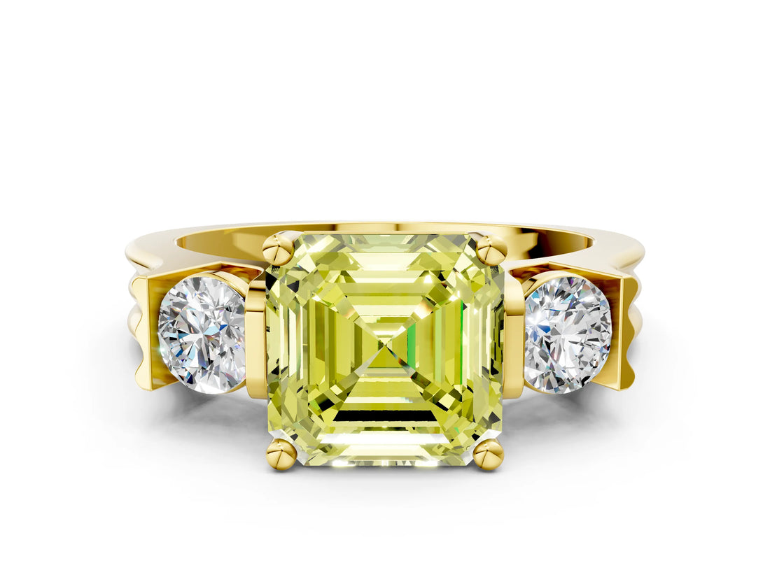 Yellow gold Three-Stone Fancy Yellow Asscher Cut Cut Classic Band Prong Setting Ring