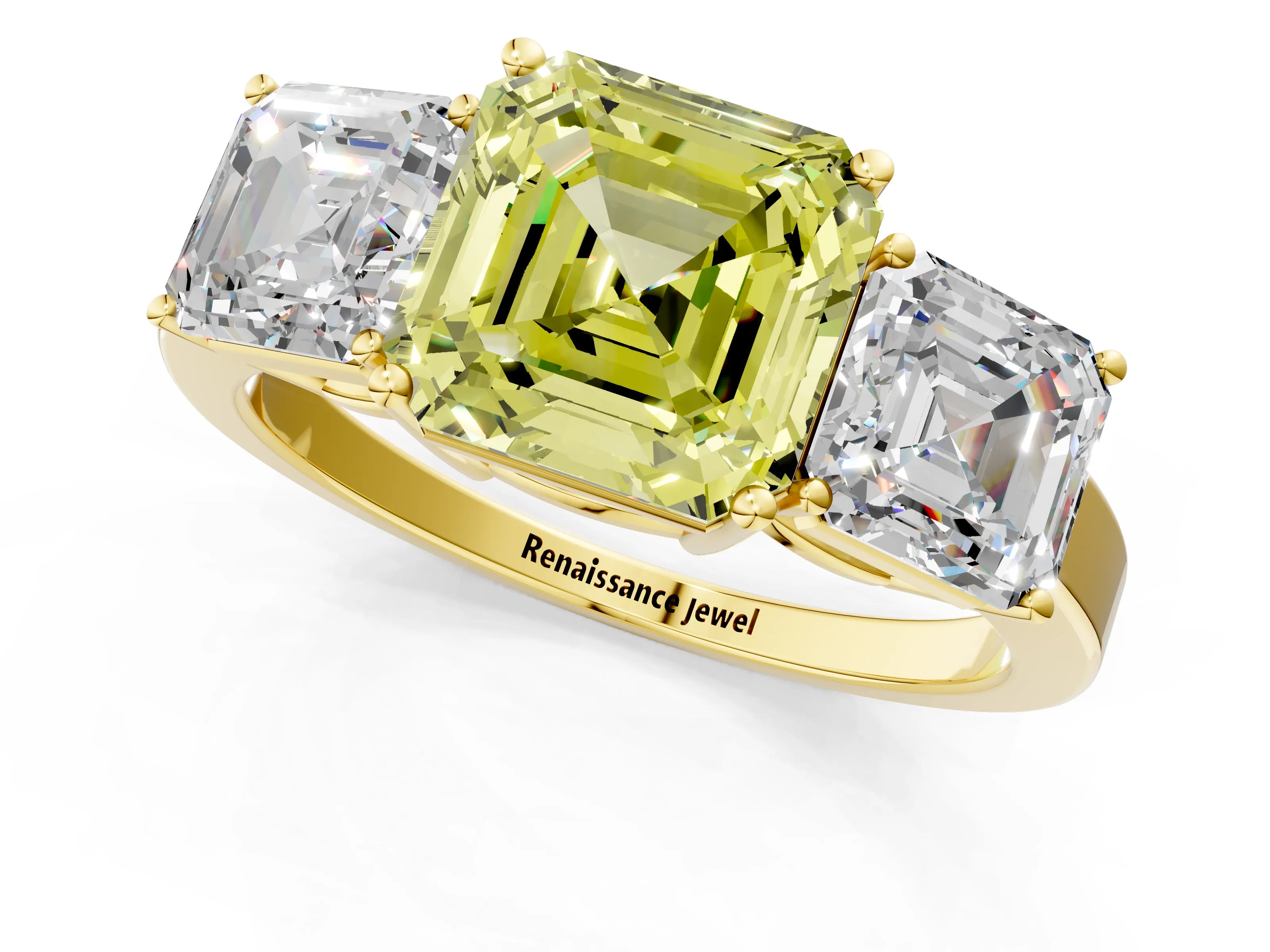 Yellow gold Three-Stone Fancy Yellow Asscher Cut Cut Diamond Engagement Ring with Flat Band and Four-Prong Setting_1