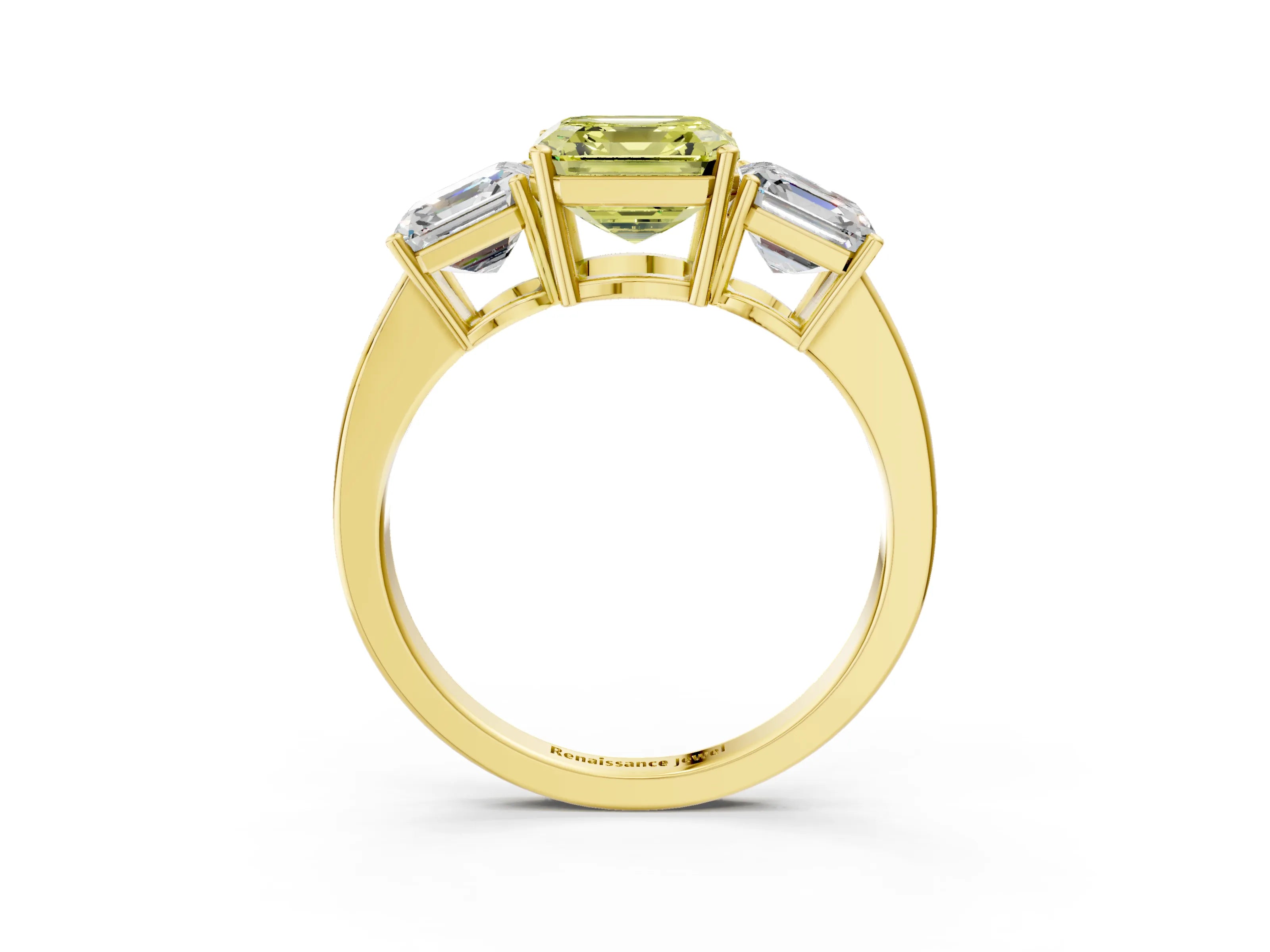 Yellow gold Three-Stone Fancy Yellow Asscher Cut Cut Diamond Engagement Ring with Flat Band and Four-Prong Setting_3
