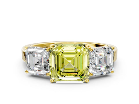 Yellow gold Three-Stone Fancy Yellow Asscher Cut Cut Diamond Engagement Ring with Flat Band and Four-Prong Setting