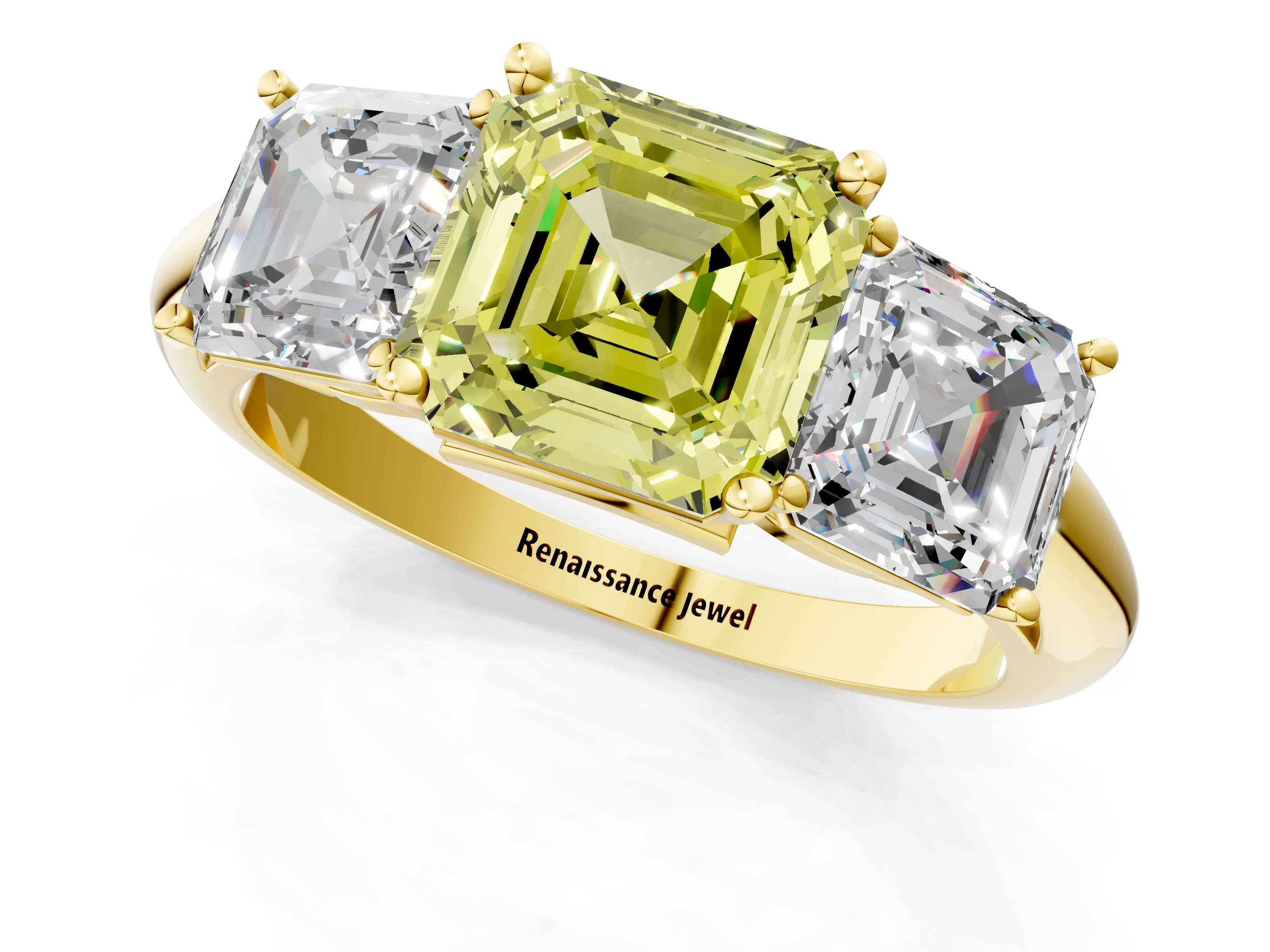 Yellow gold Three-Stone Fancy Yellow Asscher Cut Cut Diamond Engagement Ring with Prong Setting on a White Gold Band_1
