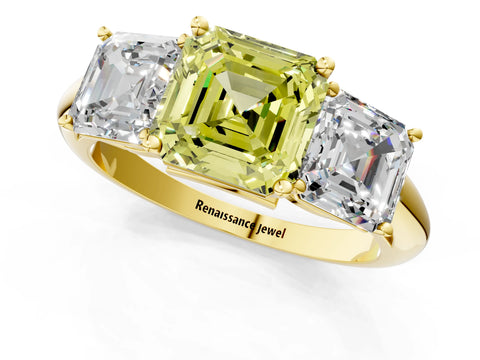 Yellow gold Three-Stone Fancy Yellow Asscher Cut Cut Diamond Engagement Ring with Prong Setting on a White Gold Band_1