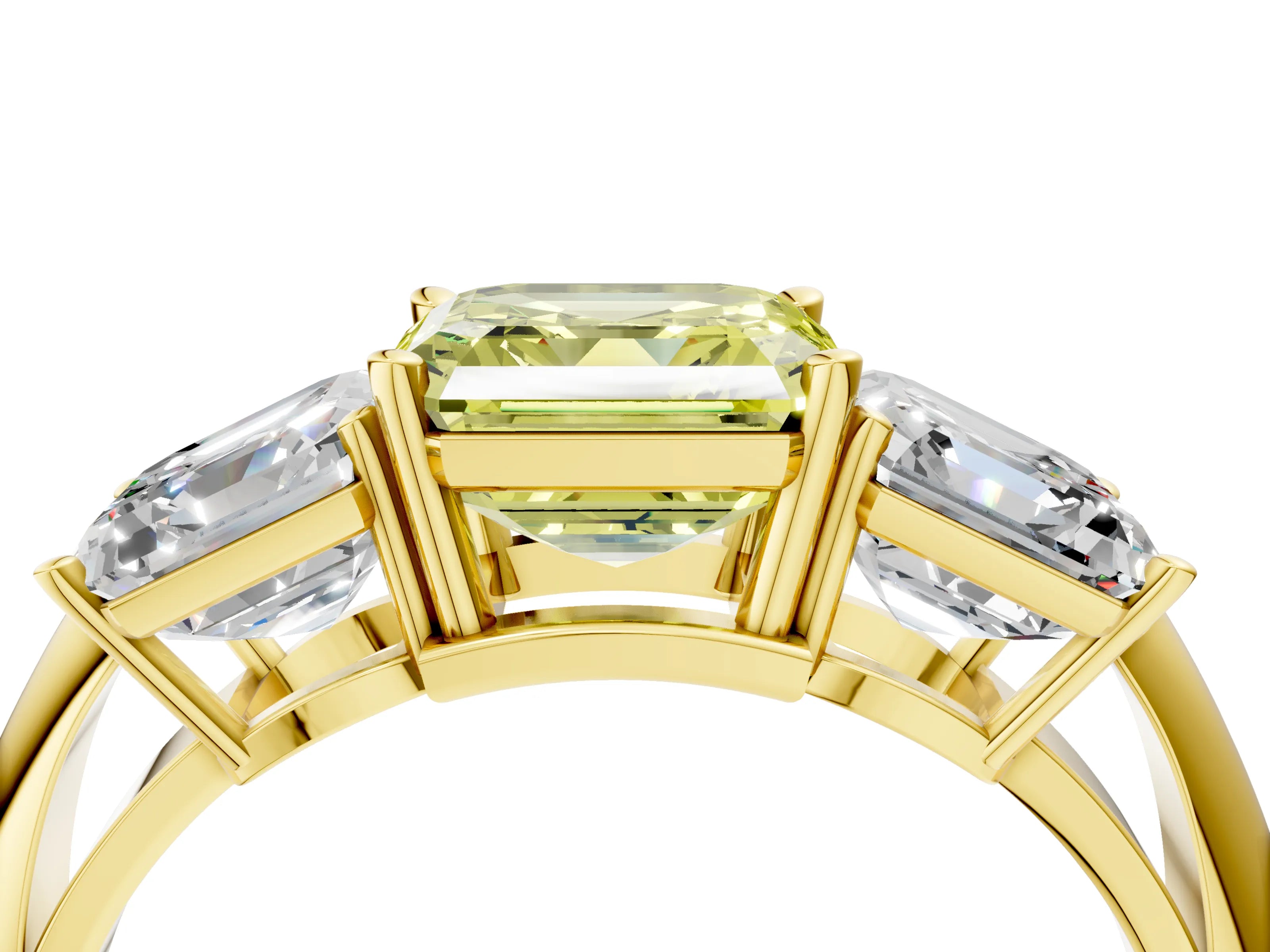 Yellow gold Three-Stone Fancy Yellow Asscher Cut Cut Diamond Engagement Ring with Prong Setting on a White Gold Band_4