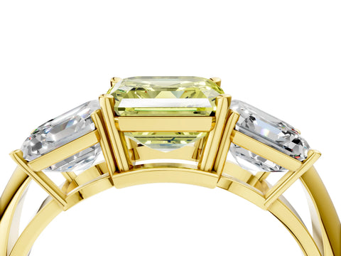 Yellow gold Three-Stone Fancy Yellow Asscher Cut Cut Diamond Engagement Ring with Prong Setting on a White Gold Band_4