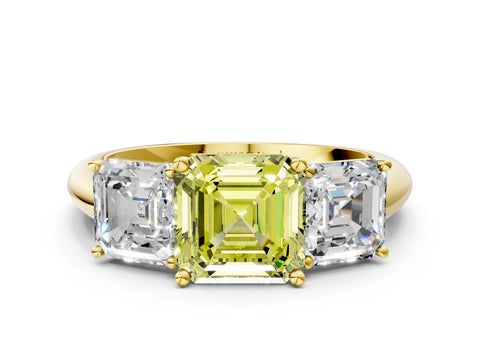 Yellow gold Three-Stone Fancy Yellow Asscher Cut Cut Diamond Engagement Ring with Prong Setting on a White Gold Band
