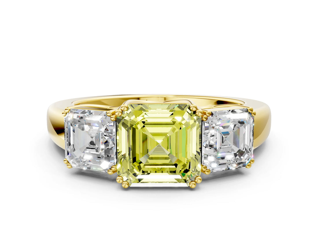 Yellow gold Three-Stone Fancy Yellow Asscher Cut Cut Diamond Ring with Channel Set Band and Four-Prong Setting