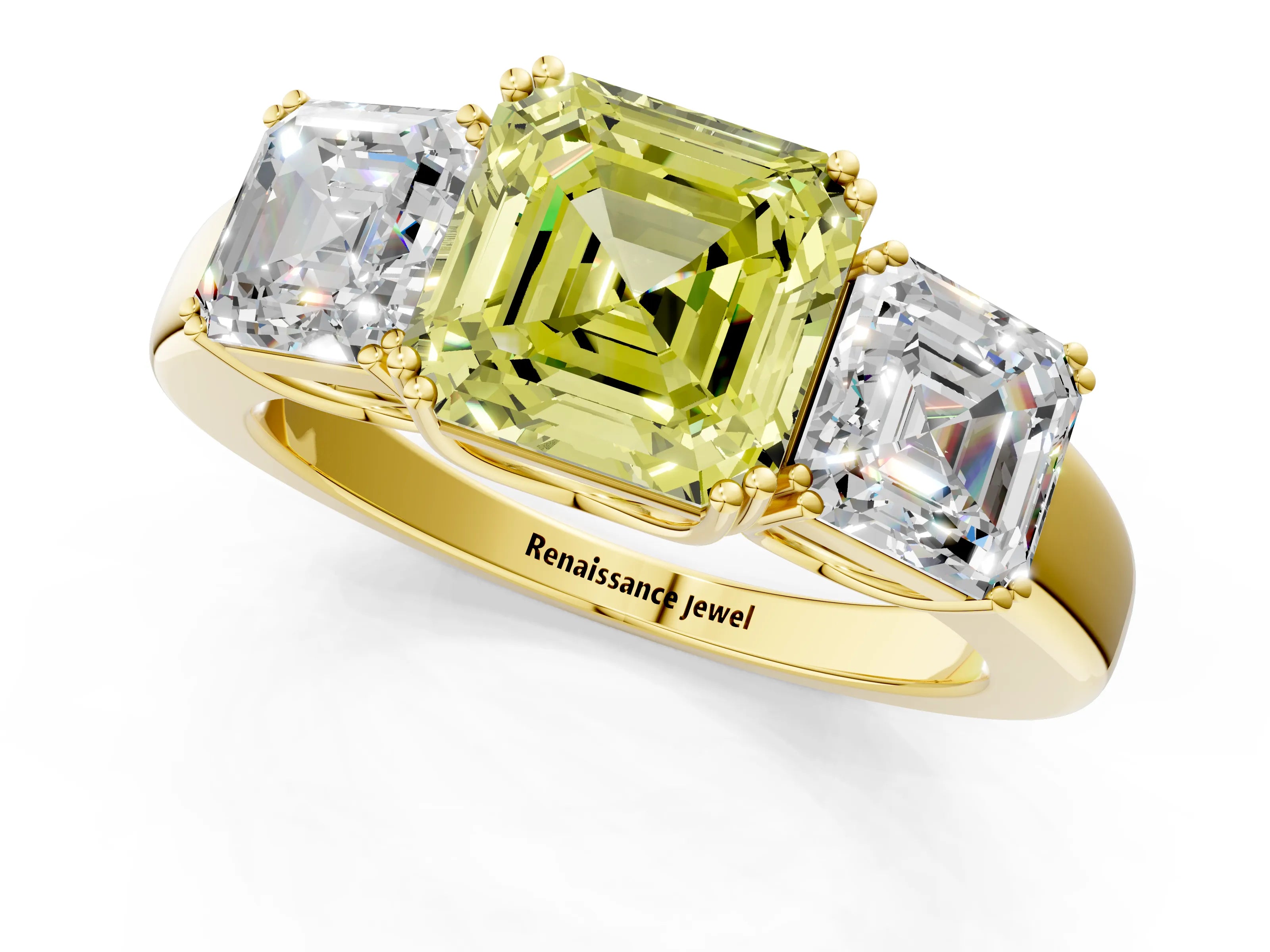 Yellow gold Three-Stone Fancy Yellow Asscher Cut Cut Diamond Ring with Channel Set Band and Four-Prong Setting_1