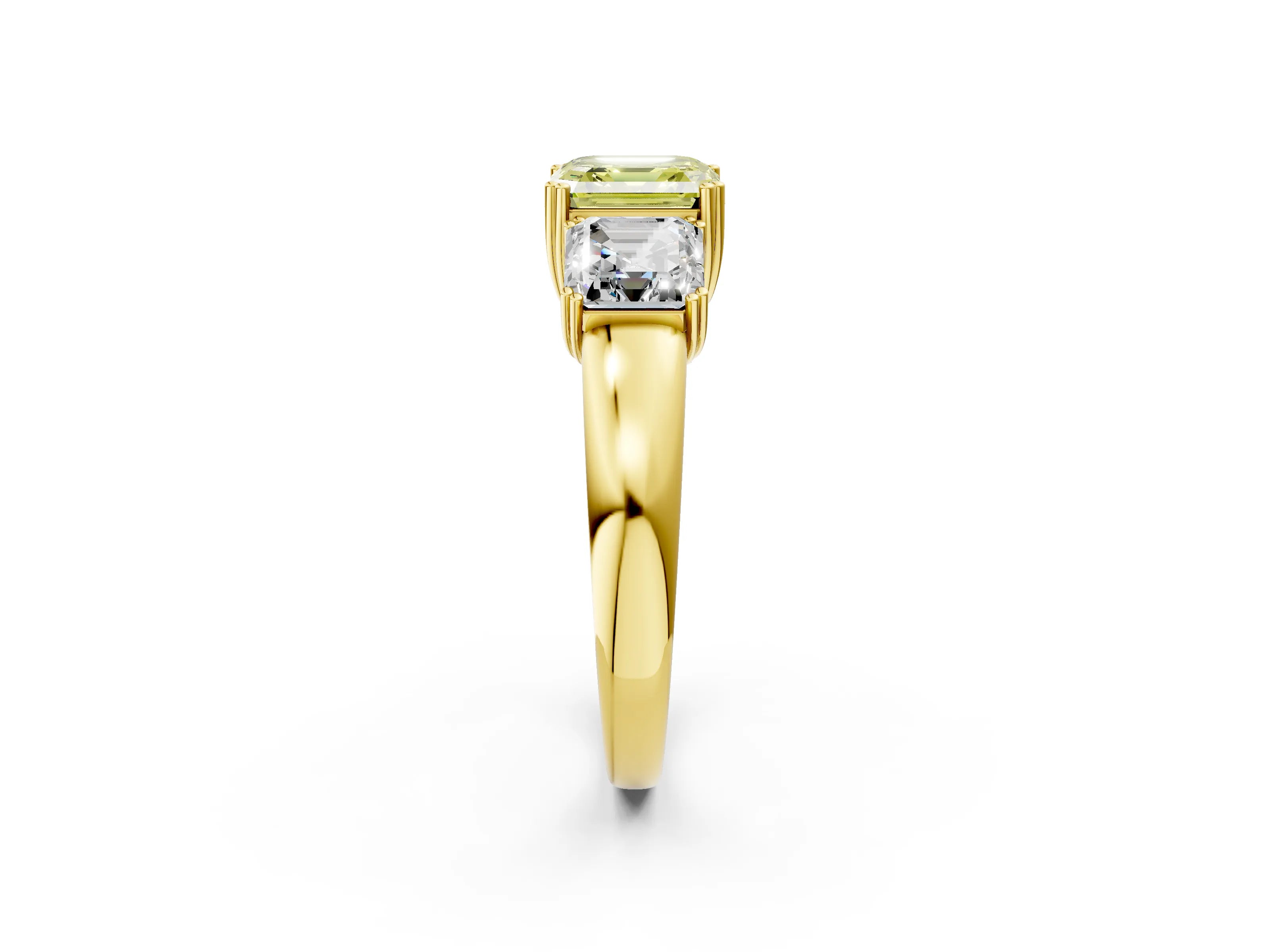 Yellow gold Three-Stone Fancy Yellow Asscher Cut Cut Diamond Ring with Channel Set Band and Four-Prong Setting_2