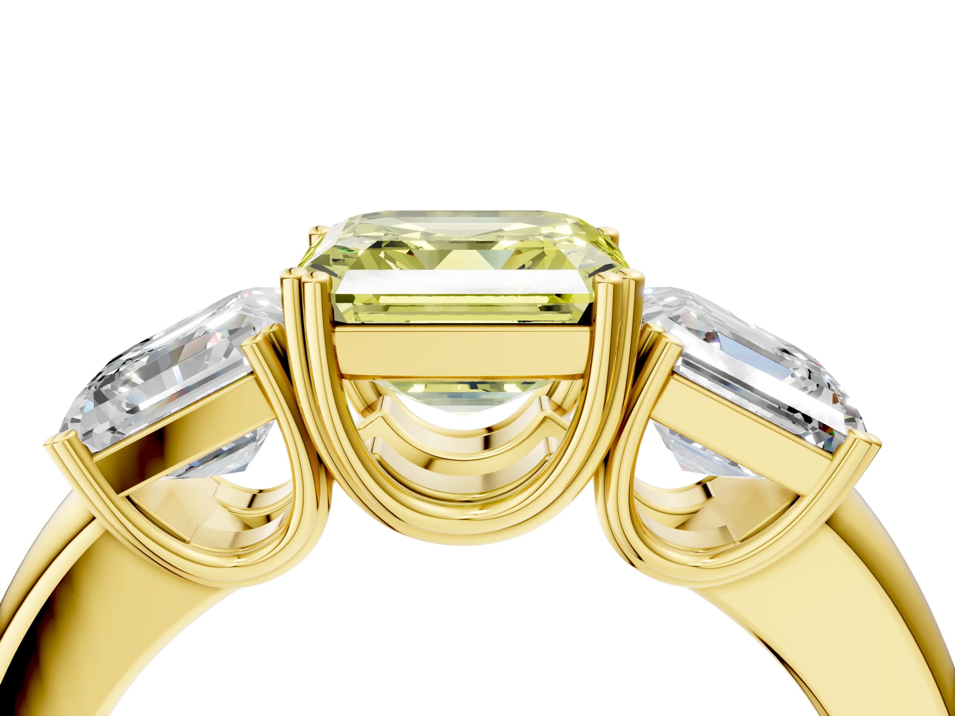 Yellow gold Three-Stone Fancy Yellow Asscher Cut Cut Diamond Ring with Channel Set Band and Four-Prong Setting_4