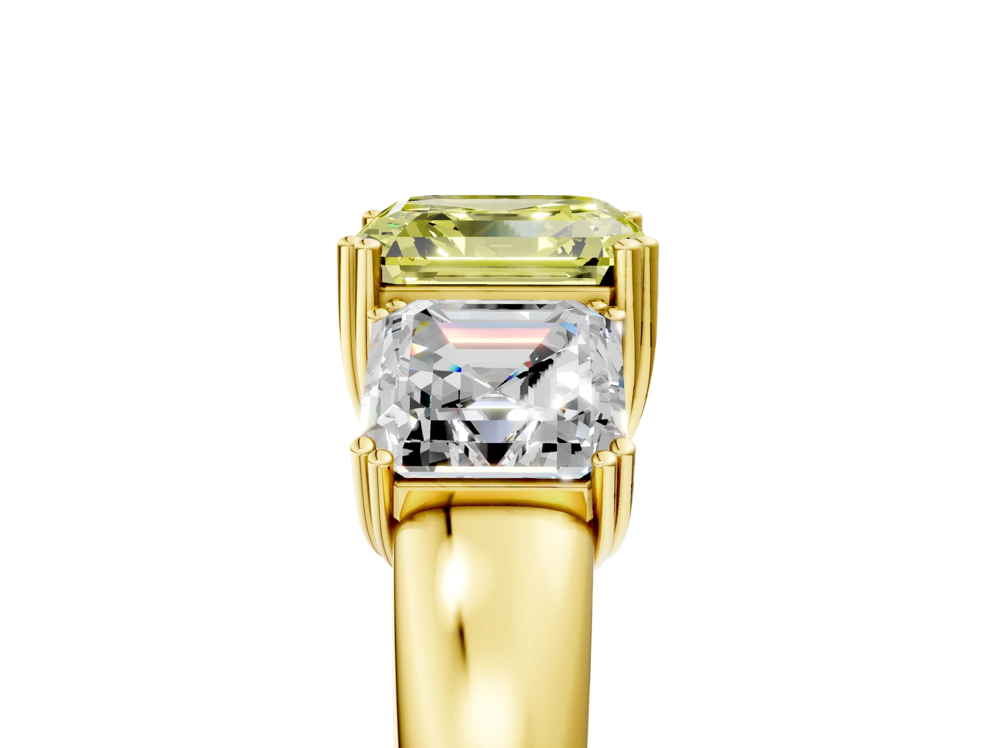 Yellow gold Three-Stone Fancy Yellow Asscher Cut Cut Diamond Ring with Channel Set Band and Four-Prong Setting_5