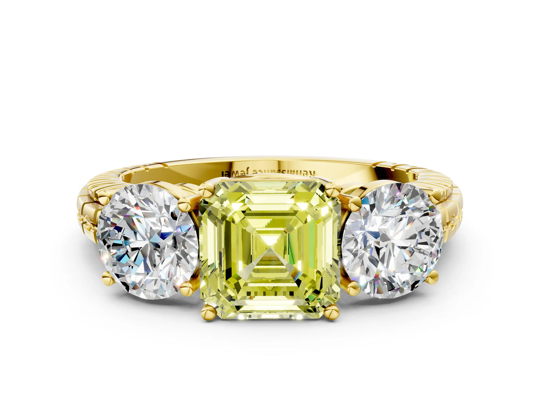Yellow gold Three-Stone Fancy Yellow Asscher Cut Cut Diamond Ring with Channel-Set Band and Prong Setting_12