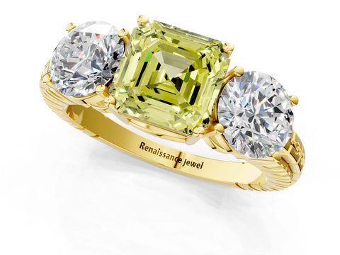 Yellow gold Three-Stone Fancy Yellow Asscher Cut Cut Diamond Ring with Channel-Set Band and Prong Setting_1