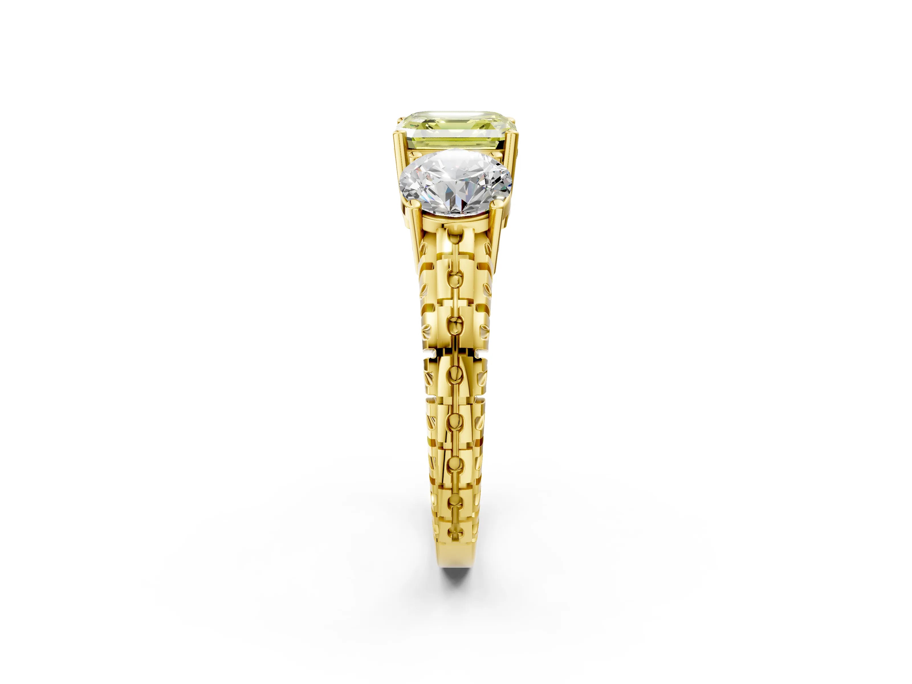 Yellow gold Three-Stone Fancy Yellow Asscher Cut Cut Diamond Ring with Channel-Set Band and Prong Setting_2