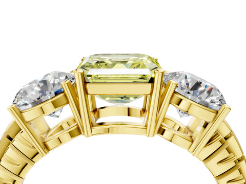Yellow gold Three-Stone Fancy Yellow Asscher Cut Cut Diamond Ring with Channel-Set Band and Prong Setting_4