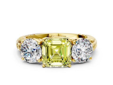 Yellow gold Three-Stone Fancy Yellow Asscher Cut Cut Diamond Ring with Channel-Set Band and Prong Setting