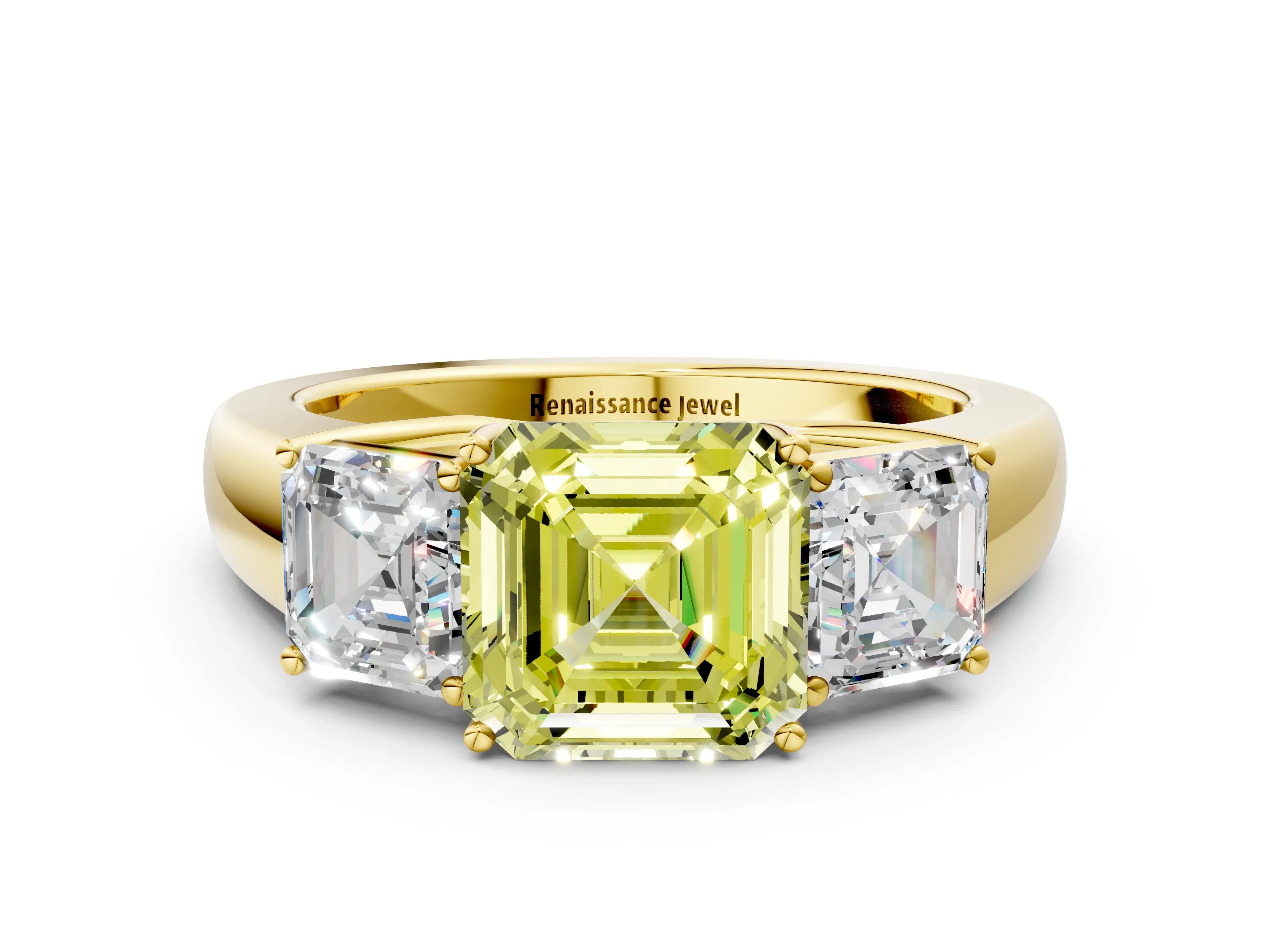 Yellow gold Three-Stone Fancy Yellow Asscher Cut Cut Diamond Ring with Prong Setting and Classic Band