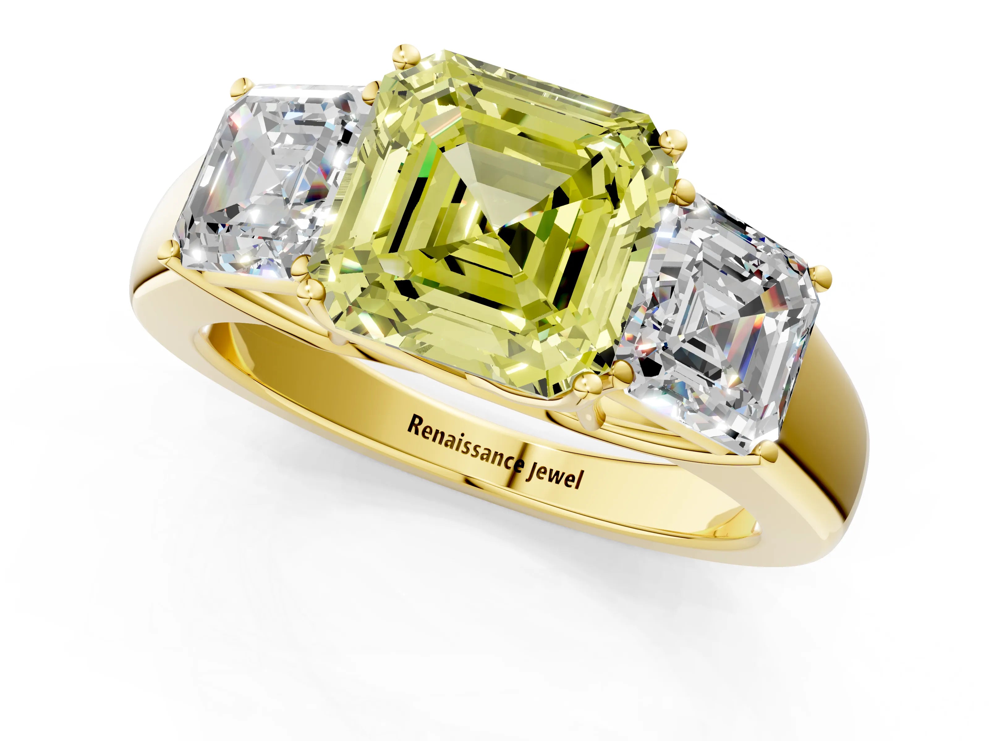 Yellow gold Three-Stone Fancy Yellow Asscher Cut Cut Diamond Ring with Prong Setting and Classic Band_1