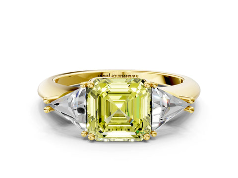 Yellow gold Three-Stone Fancy Yellow Asscher Cut Cut Diamond Ring with Trillion Side Stones and Four-Prong Setting_3