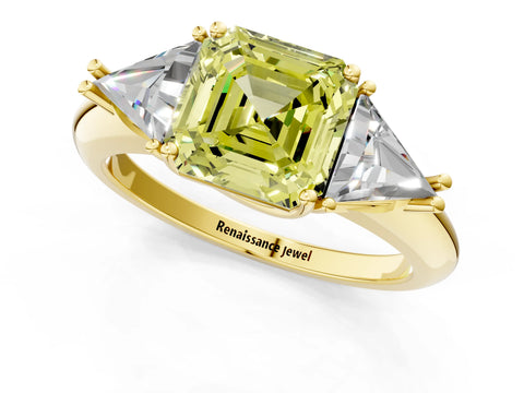 Yellow gold Three-Stone Fancy Yellow Asscher Cut Cut Diamond Ring with Trillion Side Stones and Four-Prong Setting_4