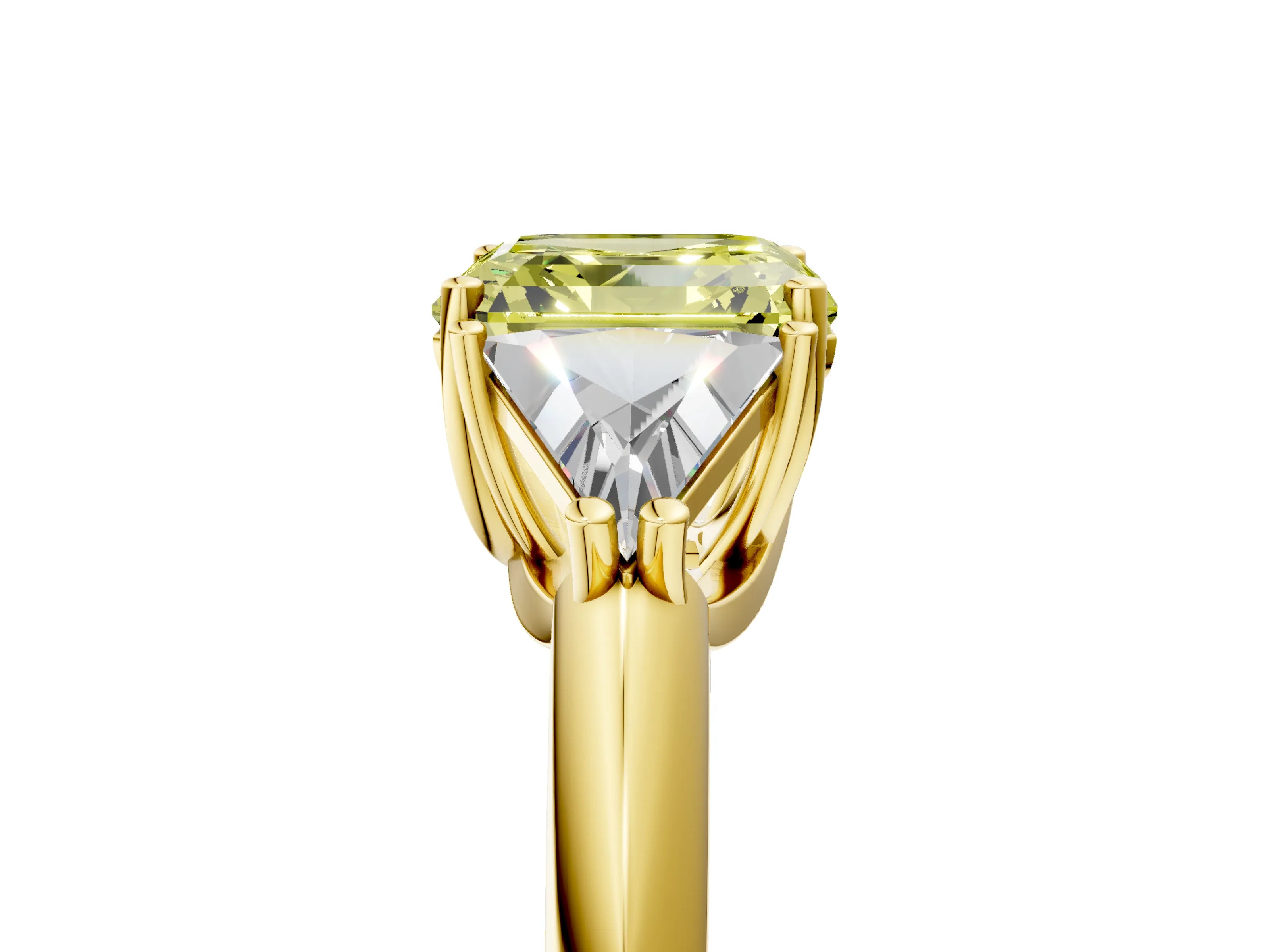 Yellow gold Three-Stone Fancy Yellow Asscher Cut Cut Diamond Ring with Trillion Side Stones and Four-Prong Setting_8