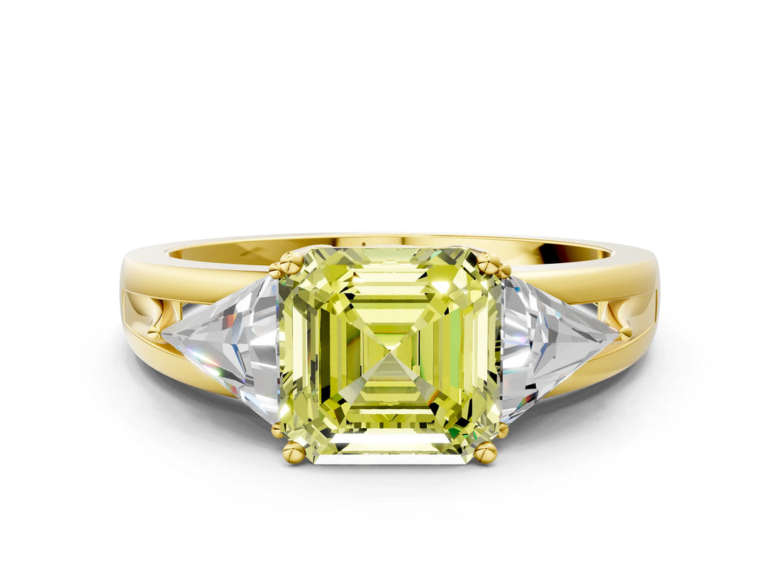 Yellow gold Three-Stone Fancy Yellow Asscher Cut Cut Diamond Ring with Trillion Side Stones on a Split Shank Band