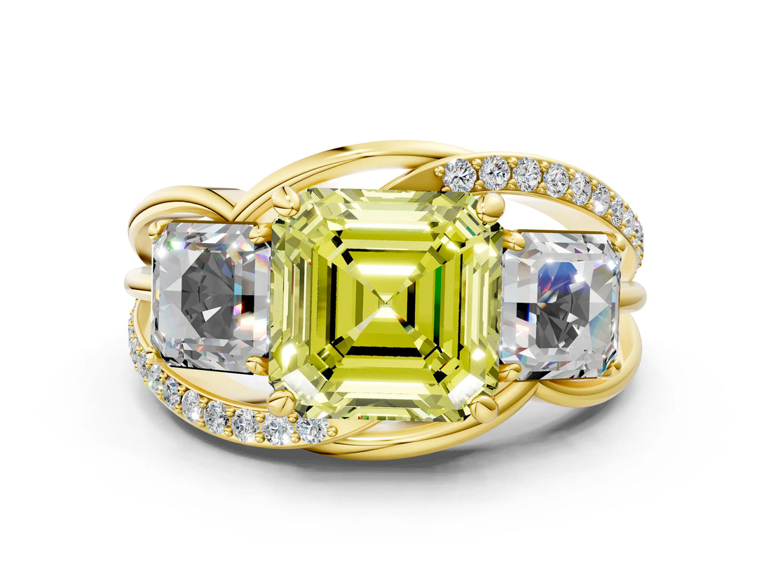 Yellow gold Three-Stone Fancy Yellow Asscher Cut Cut Diamond Split Shank Prong Set Ring_12