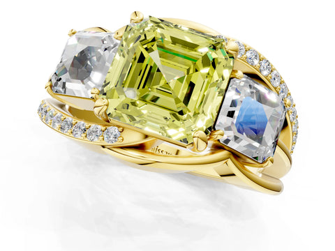 Yellow gold Three-Stone Fancy Yellow Asscher Cut Cut Diamond Split Shank Prong Set Ring_13