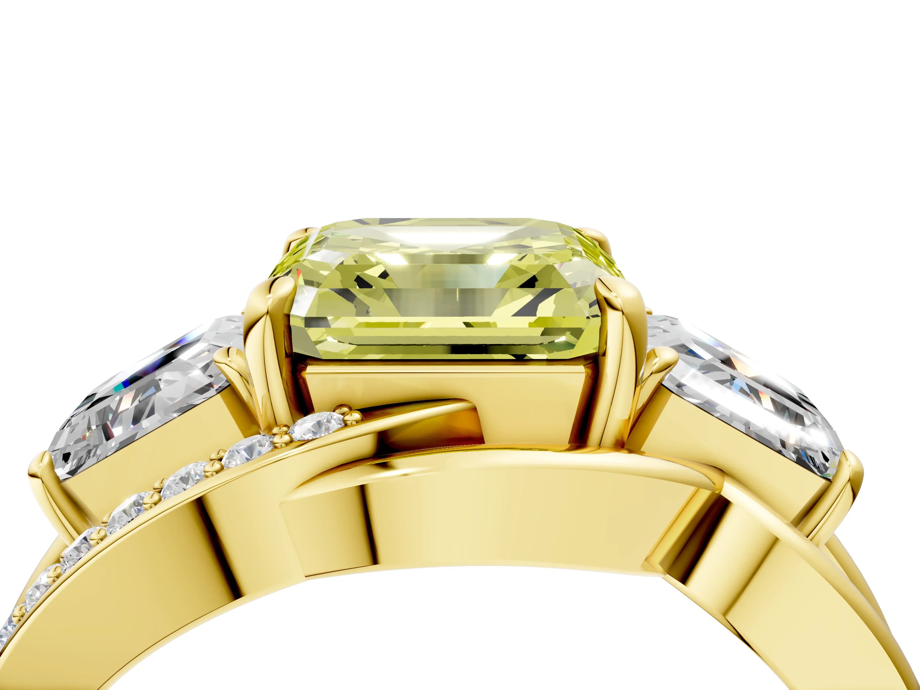 Yellow gold Three-Stone Fancy Yellow Asscher Cut Cut Diamond Split Shank Prong Set Ring_16