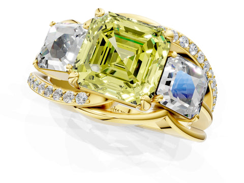Yellow gold Three-Stone Fancy Yellow Asscher Cut Cut Diamond Split Shank Prong Set Ring_1