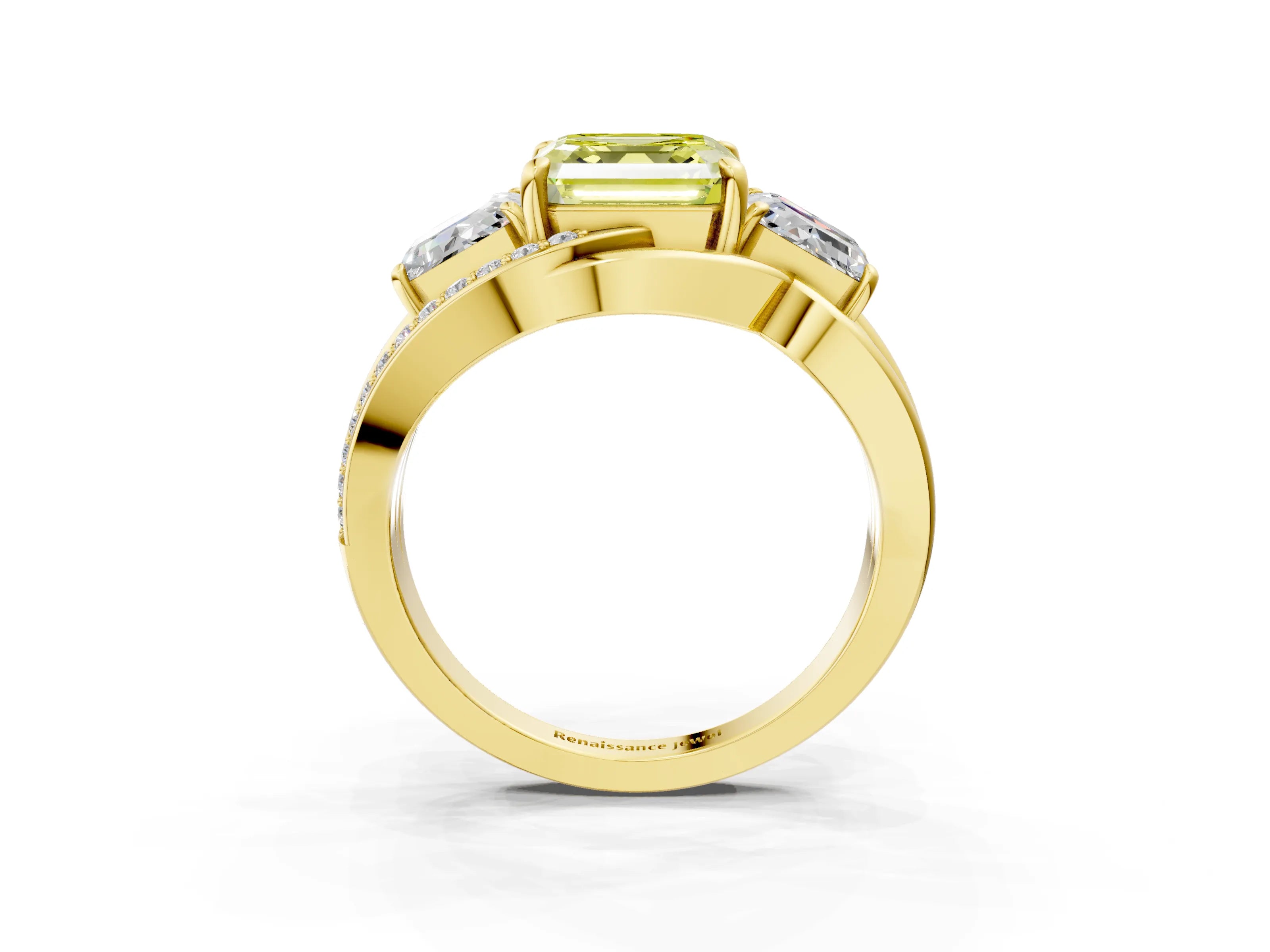 Yellow gold Three-Stone Fancy Yellow Asscher Cut Cut Diamond Split Shank Prong Set Ring_3