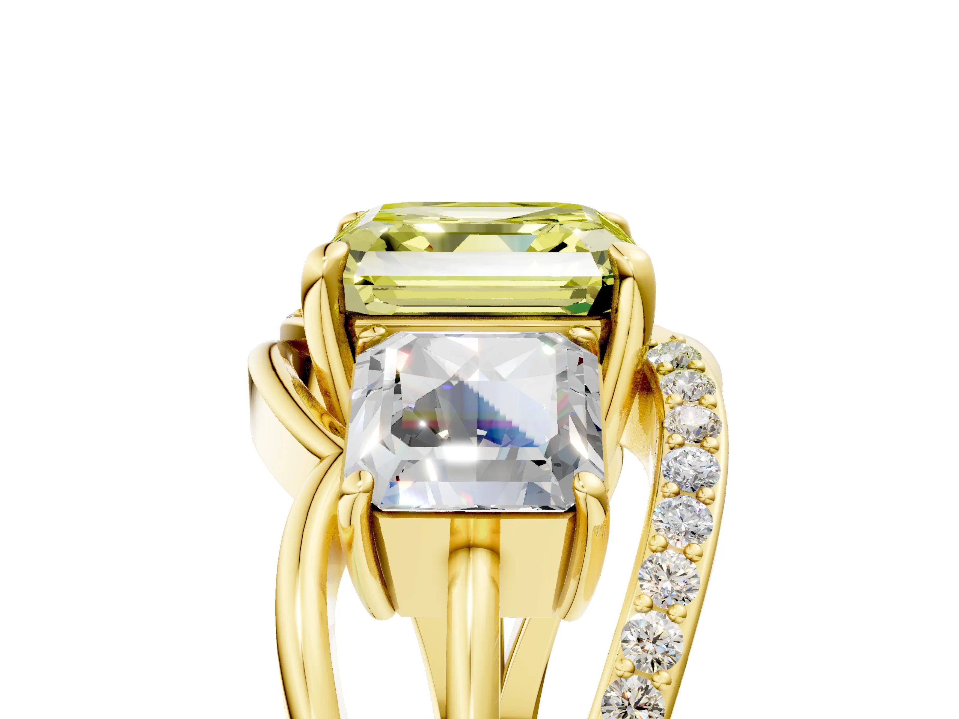 Yellow gold Three-Stone Fancy Yellow Asscher Cut Cut Diamond Split Shank Prong Set Ring_5