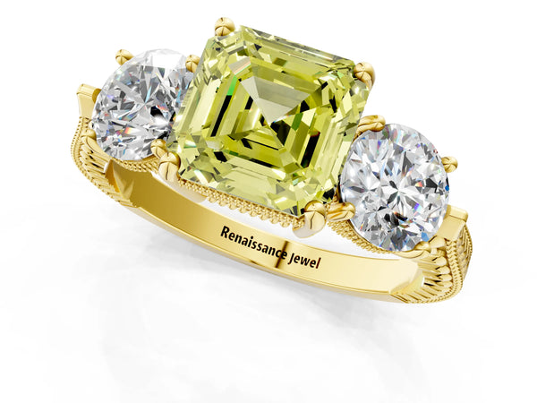 Yellow Gold Asscher Cut Vintage Three Stone Engagement Ring Setting for Fancy Yellow Center